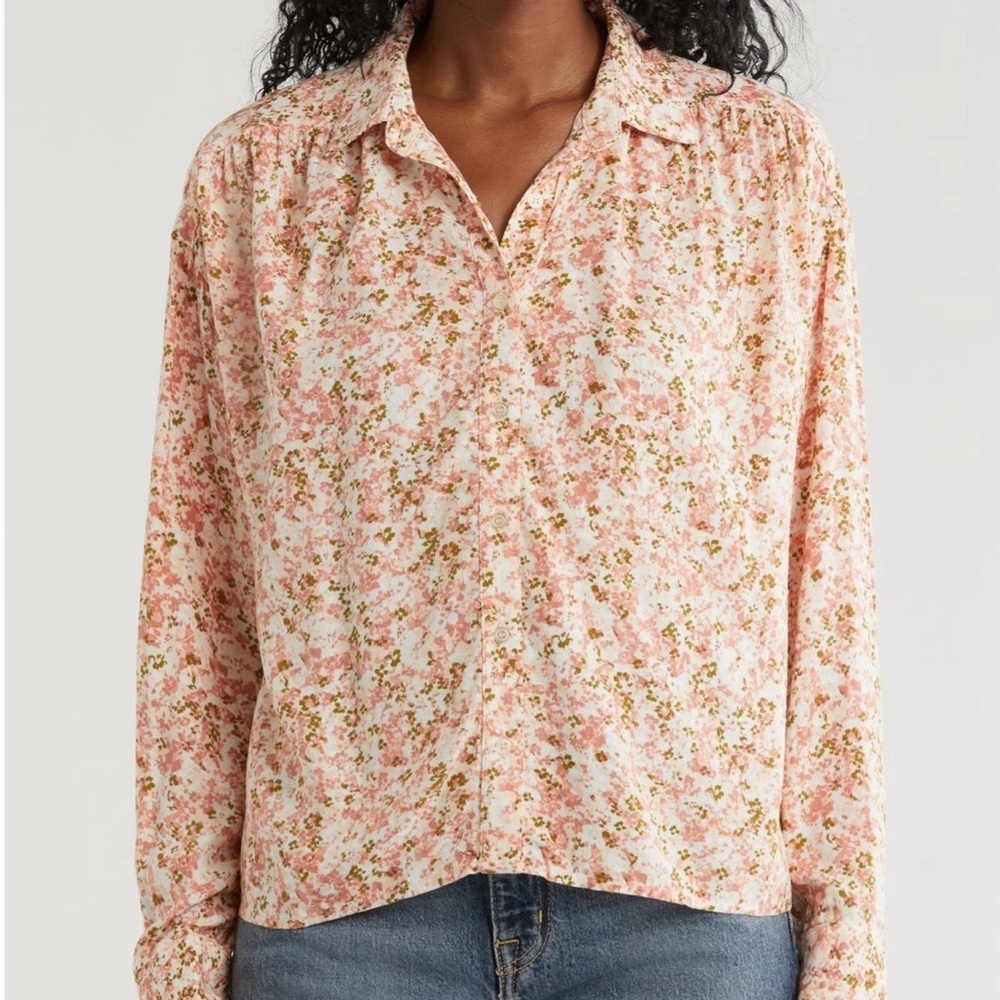 Melrose & Market Coral White Floral Flowy Career Button Up Shirt sz M NWT